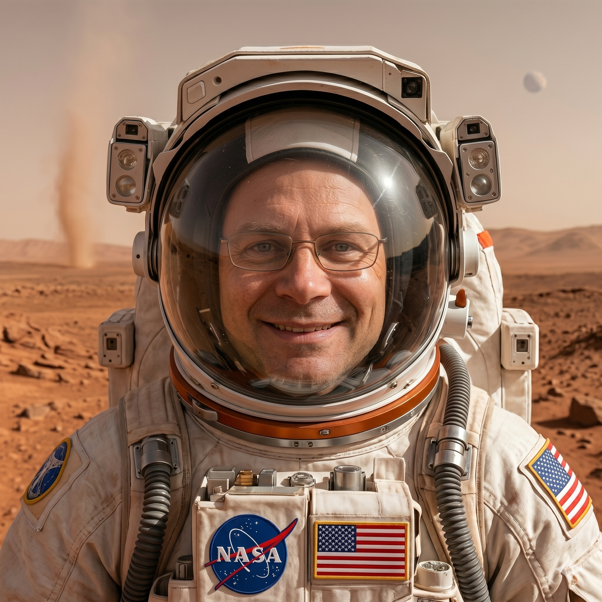 Mike Müller im Marsanzug vor einer Marslandschaft